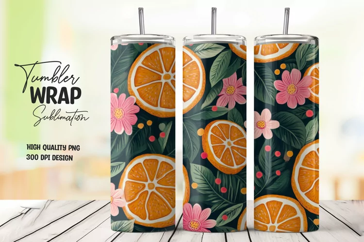 Orange with Leaves and Flowers Tumbler Wrap Sublimation