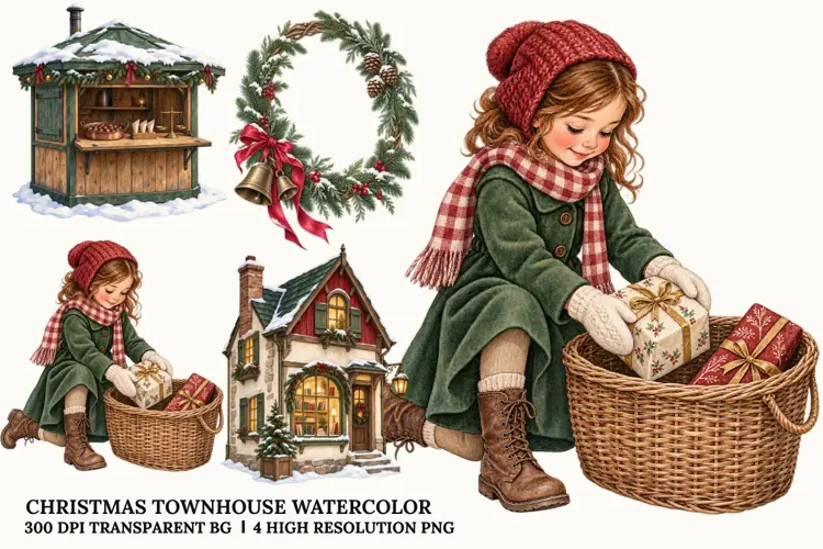Christmas Girl PNG, Winter Townhouse Watercolor Sublimation