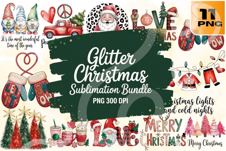 Glitter Christmas PNG Bundle 11 Festive Sublimation Designs