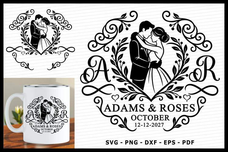Wedding Couple in Floral Love Heart Split Monogram Sign SVG