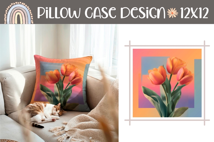 Orange Tulips Pillow Template, Floral Pillow Case Design