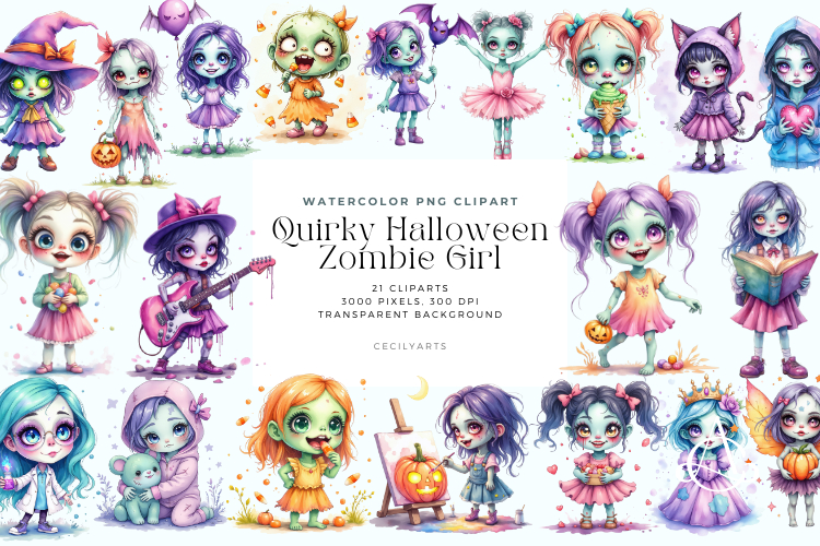 Quirky Halloween Girl Clipart Zombie Bunde