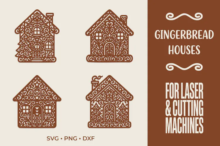 Gingerbread Houses SVG, Christmas Laser Cut Ornament Files