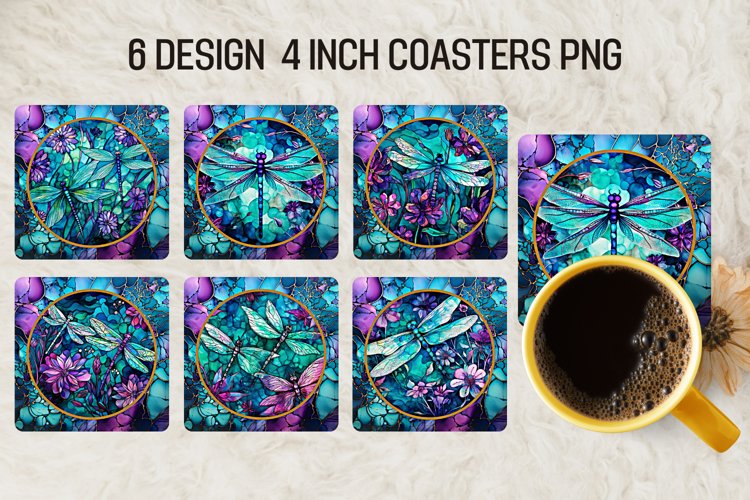 Stained Glass Dragonflies Square Coaster Sublimation Design example image 1