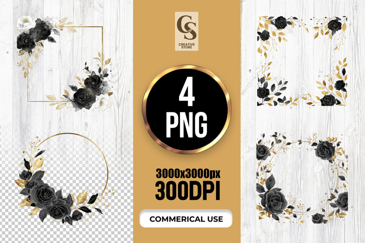 Black Gold Floral Frame Clipart Sublimation PNG