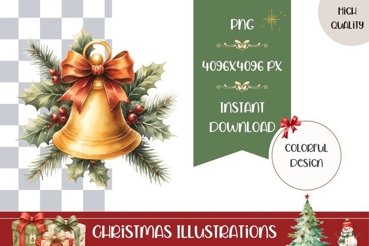 Cartoon Christmas Bell Illustration, Gold Christmas PNG example image 1