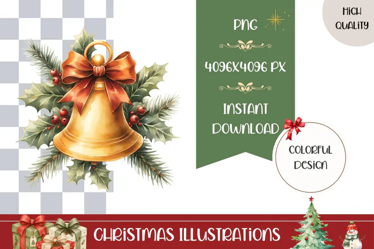 Cartoon Christmas Bell Illustration, Gold Christmas PNG
