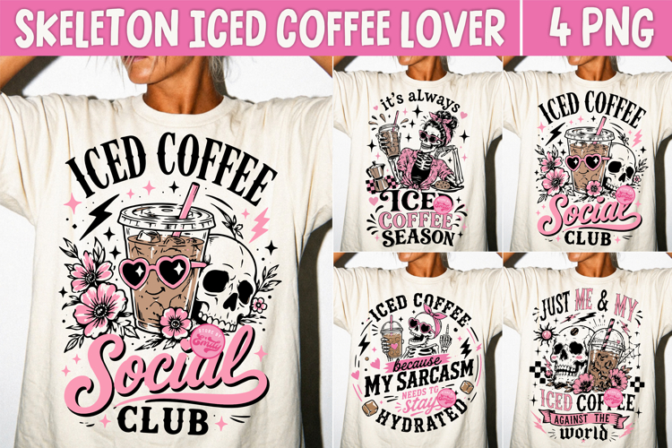 Skeleton Iced Coffee Lover PNG, Trendy Coquette Caffeine