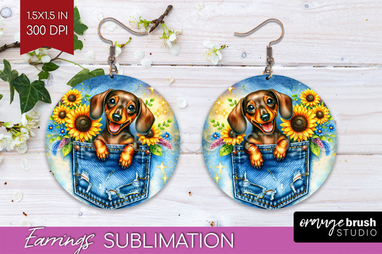Denim Round Earrings - Dog In Pocket PNG Sublimation