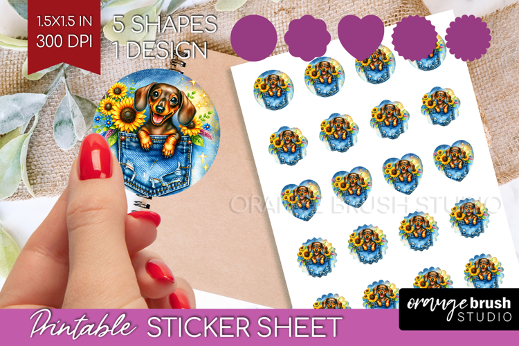 Denim Round Sticker - Dog In Pocket Printable Sticker Sheet