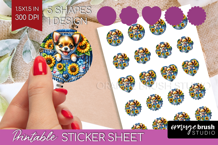 Denim Round Sticker - Dog In Pocket Printable Sticker Sheet