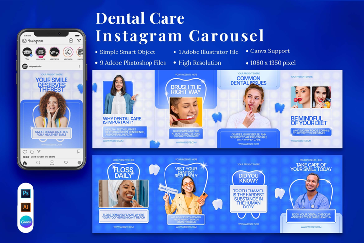 Dental Care Instagram Carousel & Canva Template