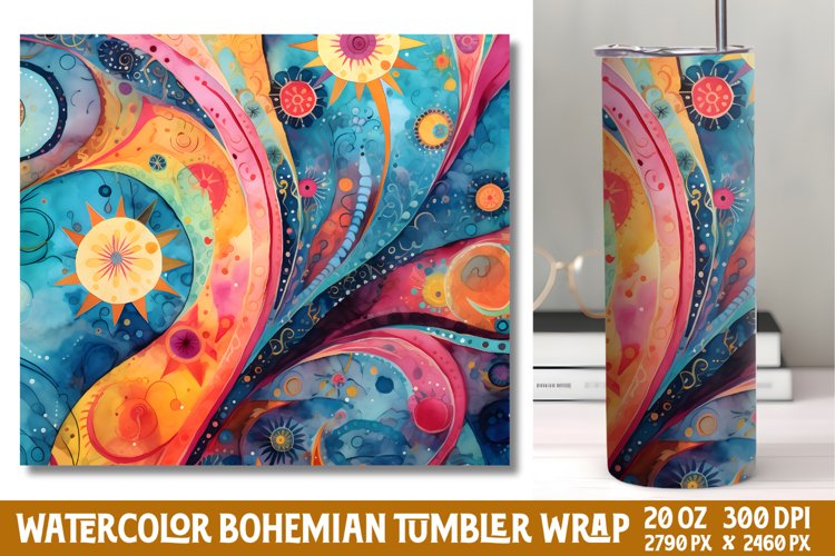 Seamless Watercolor Bohemian Tumbler Wrap