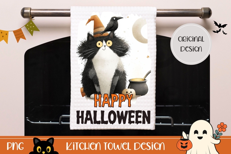 Spooky Halloween Cat Towel, Cartoon Halloween Black Cat PNG