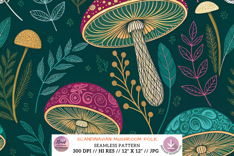 Maximalist Mushroom Tapestry Printable Art, Seamless Pattern