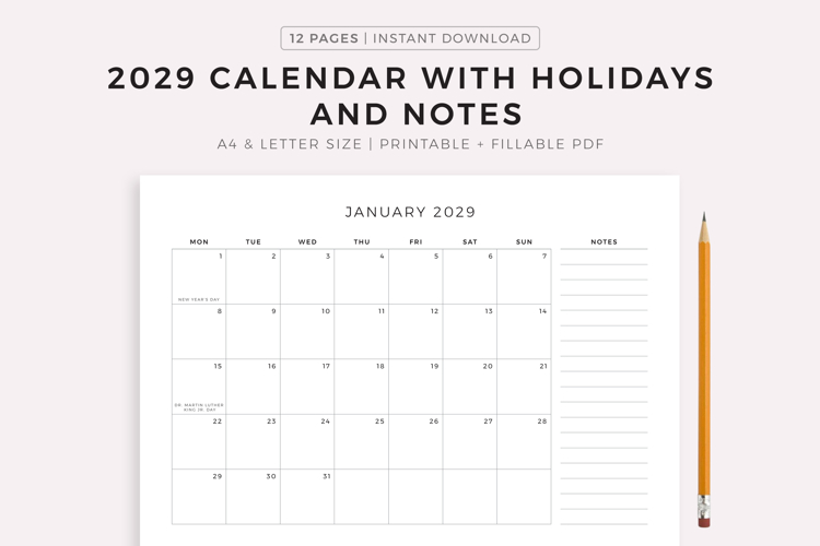 2029 Monthly Calendar with Holidays & Notes, Printable