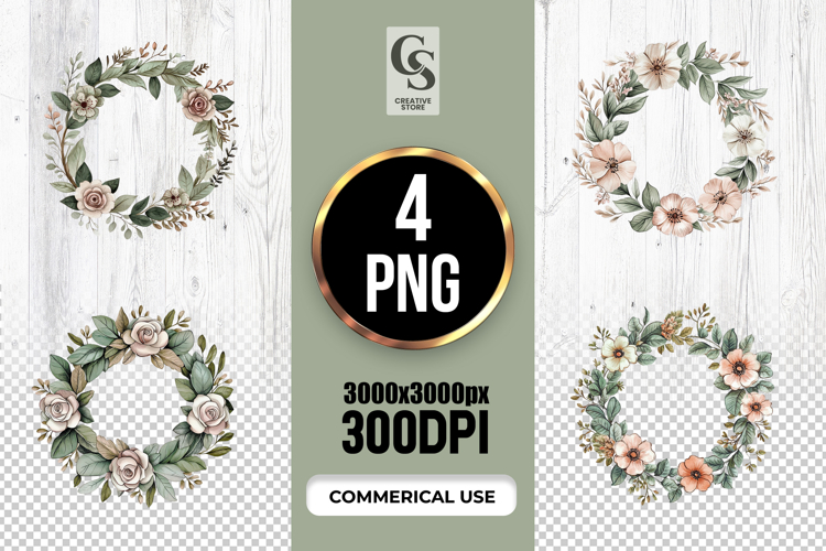Watercolor Vintage Floral Wreath Clipart Sublimation PNG