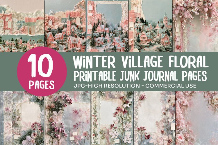 Winter Village Floral Junk Journal Pages example image 1