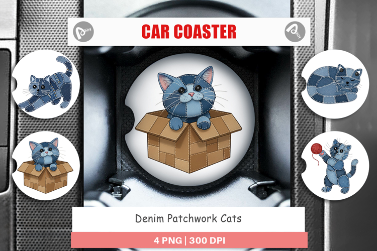 Denim Patchwork Cats Car Coaster