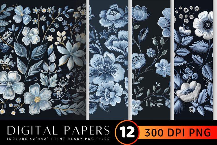 Dusty Blue Floral Embroidery Digital Paper Backgrounds