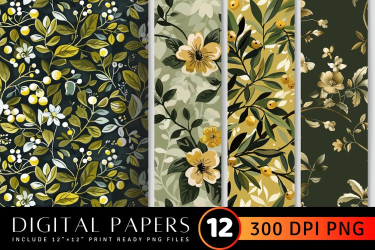 Olive Floral Print Fabric Digital Paper Backgrounds