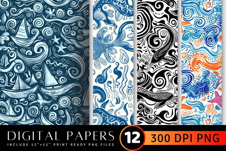 Abstract Glyph Doodles Sea Digital Paper Backgrounds