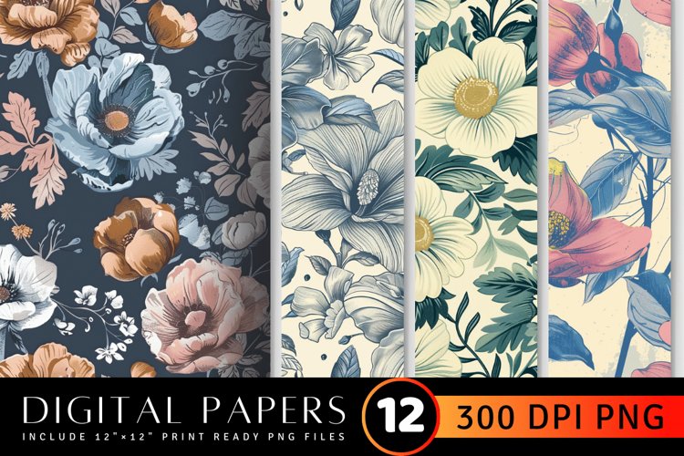 Vintage Chill Floral Digital Paper Backgrounds