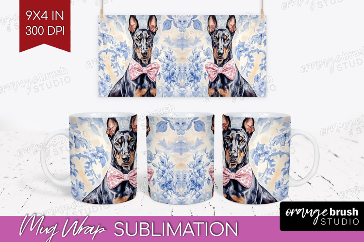 Doberman Pinscher Dog Mug Wrap Blue Toile Mug PNG