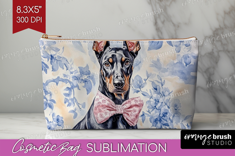 Doberman Pinscher Dog Cosmetic Bag Blue Toile Makeup Bag PNG