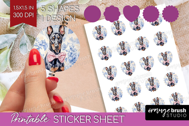 Doberman Pinscher Dog Round Sticker Blue Toile Printable example image 1
