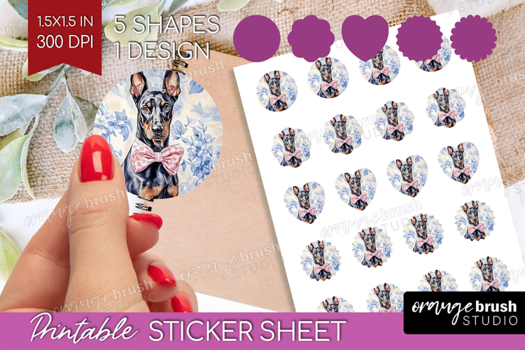 Doberman Pinscher Dog Round Sticker Blue Toile Printable