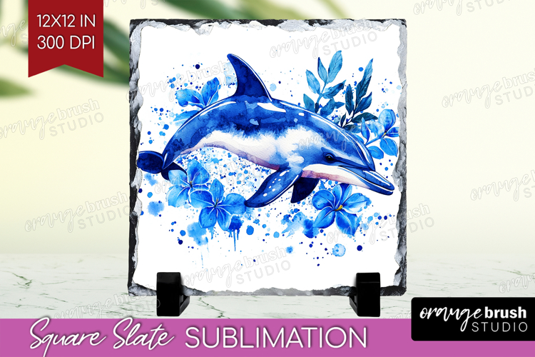 Dolphin Floral Slate PNG Blue Flowers Square Slate example image 1
