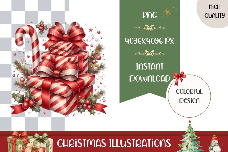 Christmas Presents Illustration, Christmas Candy Cane PNG example image 1