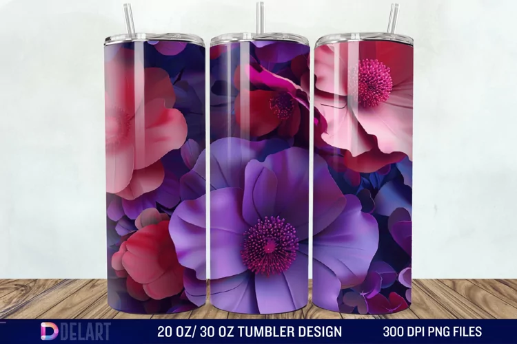 3D Fuchsia and Violet Flowers Tumbler Wrap