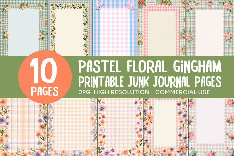Pastel Floral Gingham Junk Journal Pages example image 1