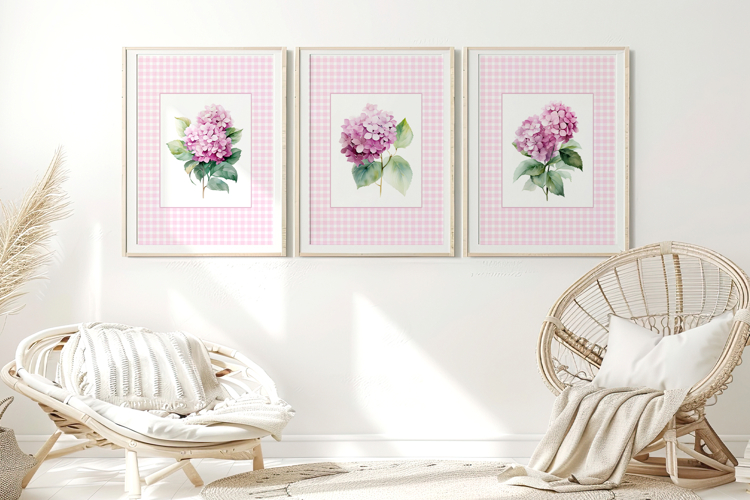 Watercolor Pink Hydrangea Set of 3 Prints