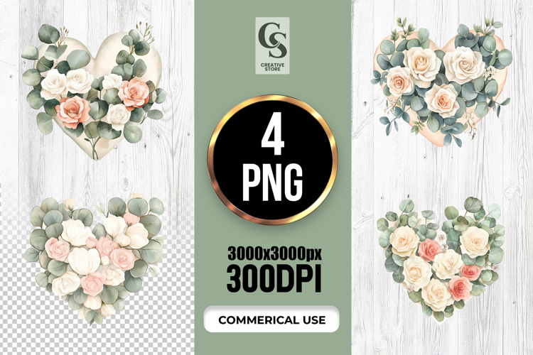 Watercolor Rose Eucalyptus Heart Clipart Sublimation PNG