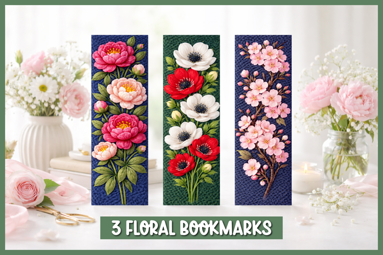 Floral punch needle bookmarks with embroidered flowers