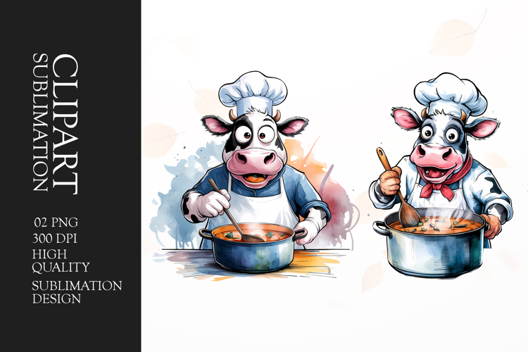 Grumpy chef cow watercolor clipart sublimation example image 1