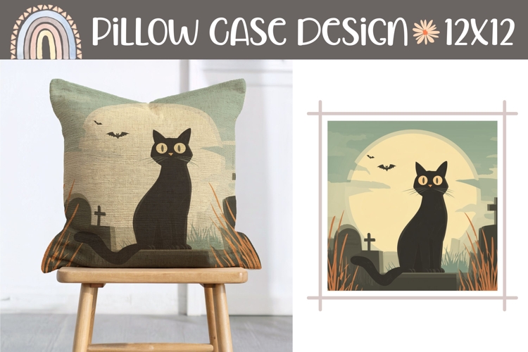 Cartoon Halloween Pillow Design, Black Cat Pillow Template