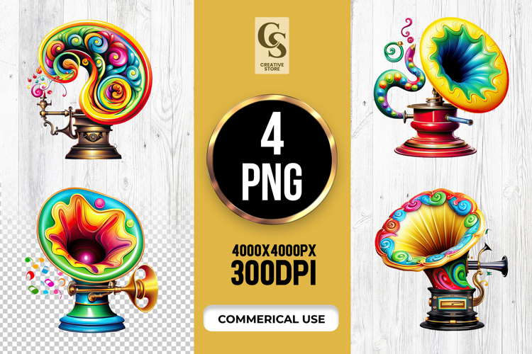 Colorful Vintage Gramophone Clipart Sublimation PNG