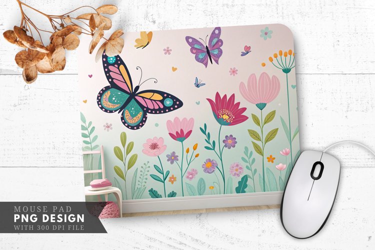 Butterflies and Flowers Mural Mouse Pad PNG Design example image 1