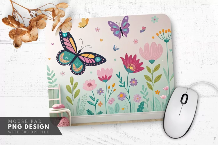 Butterflies and Flowers Mural Mouse Pad PNG Design