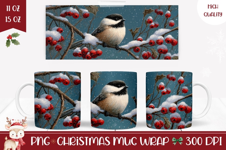 Cartoon Christmas Bird Mug Design, Winter Berries Mug PNG