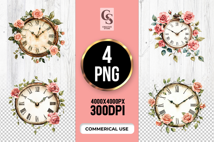 Vintage Rose Clock Clipart Sublimation PNG