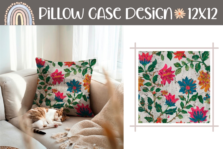 Cartoon Flowers Pillow PNG, Rustic Pillow Case Template