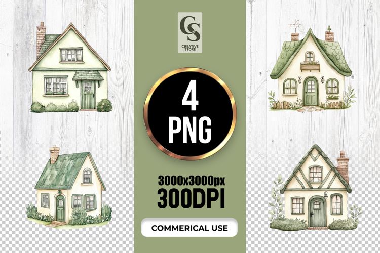 Green Cottage House Watercolor PNG