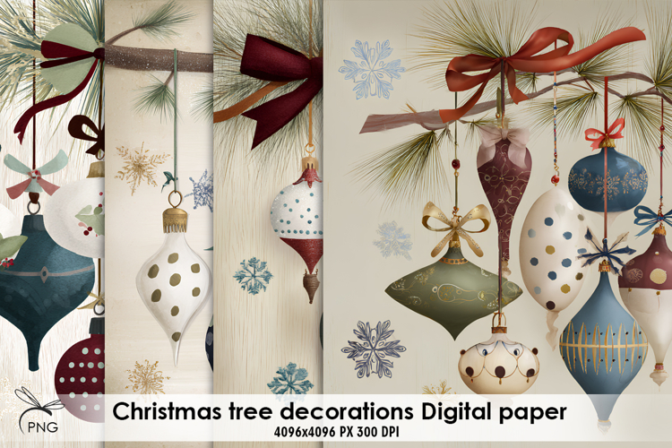 Christmas tree decorations digital paper, background clipart