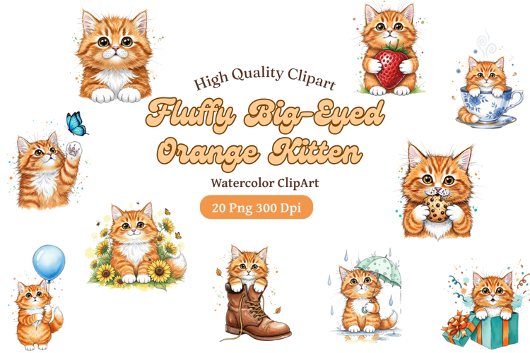 Watercolor Orange Kitten Clipart,Cute Fluffy Big Eyed Cat