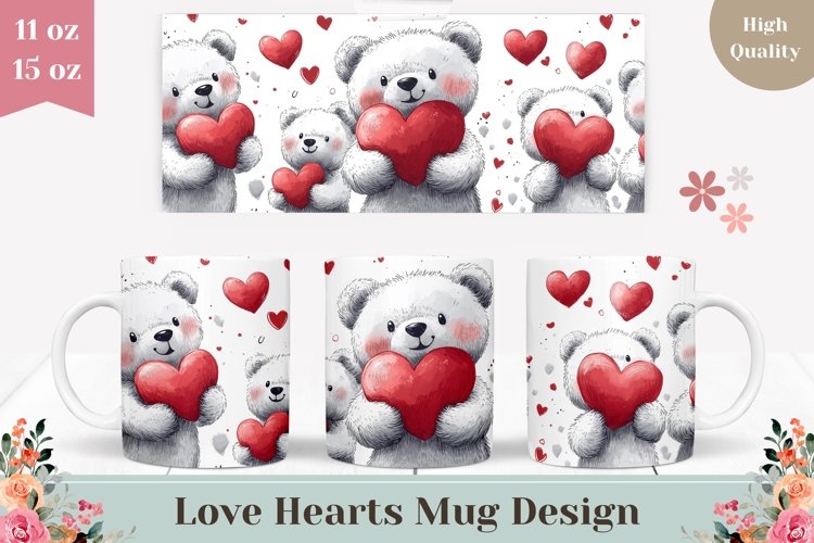 Cartoon Bear Mug Template, Love Hearts Mug Sublimation PNG